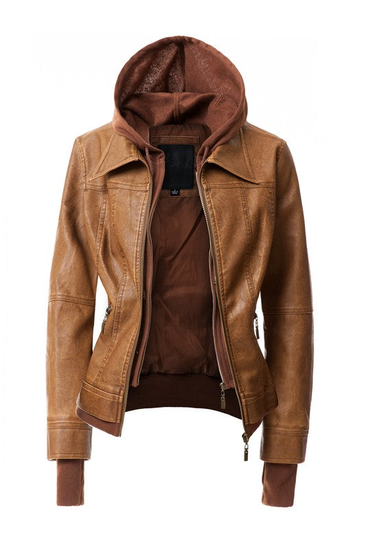 Women's Hooded Vegan Leather Jacket (more color options)