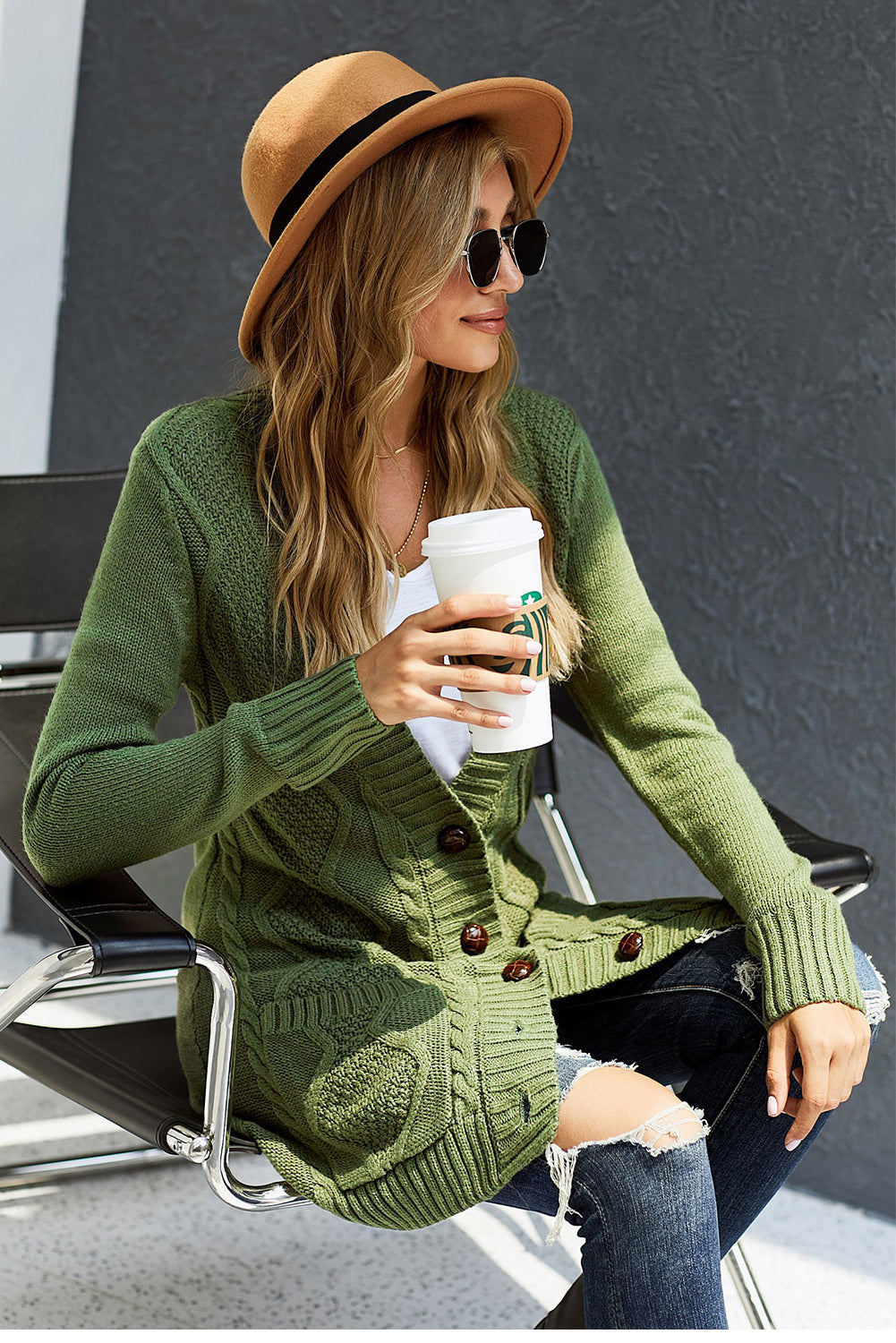 Green Front Pocket and Buttons Closure Cardigan