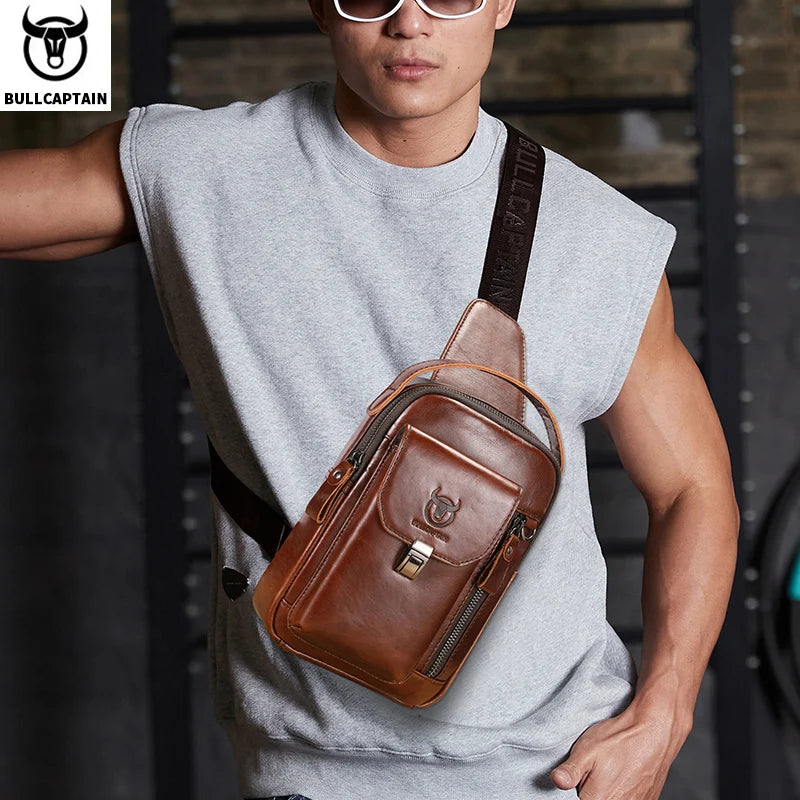 BULLCAPTAIN Genuine Leather Chest Bag Casual Retro 7.9-inch