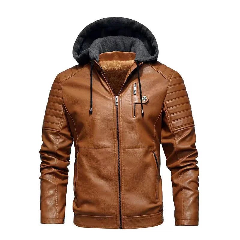 Men's Hooded Jacket Autumn Winter Faux Leather Jacket Men