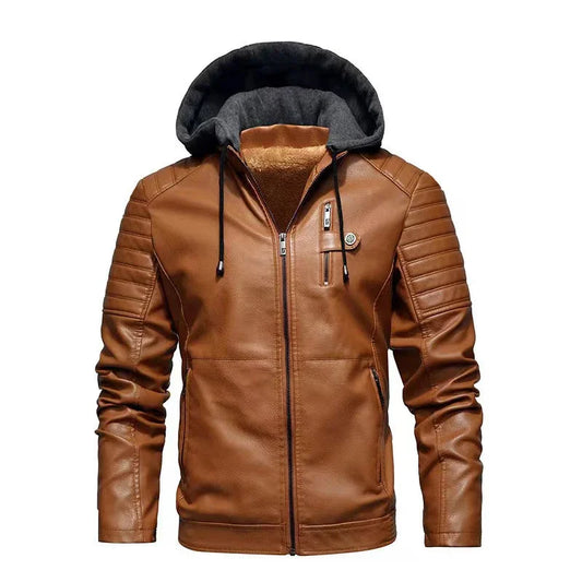 Men's Hooded Jacket Autumn Winter Faux Leather Jacket Men