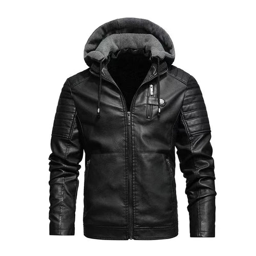 Men's Hooded Jacket Autumn Winter Faux Leather Jacket Men