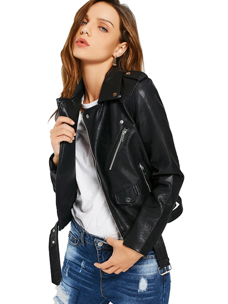 Women Faux Leather Jacket Soft Zip Up