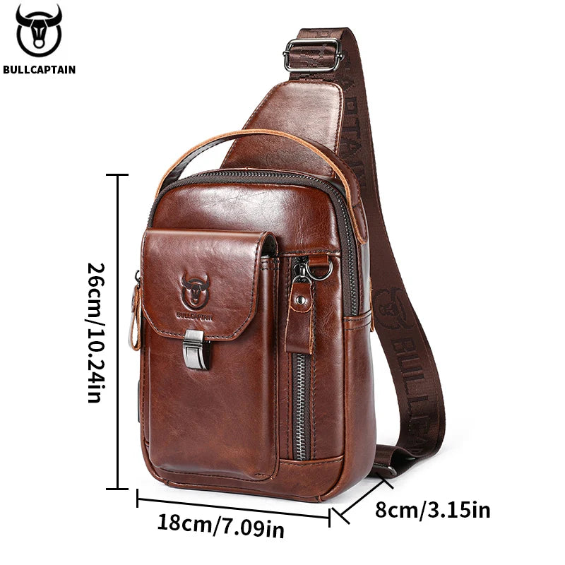 BULLCAPTAIN Genuine Leather Chest Bag Casual Retro 7.9-inch