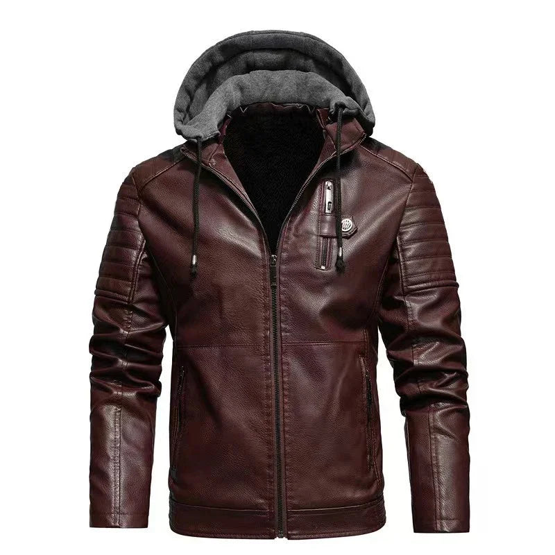 Men's Hooded Jacket Autumn Winter Faux Leather Jacket Men