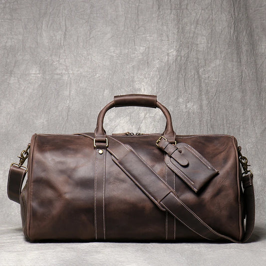 Men's Leather Travel Bag Vintage Brown Cowhide Luggage Bag