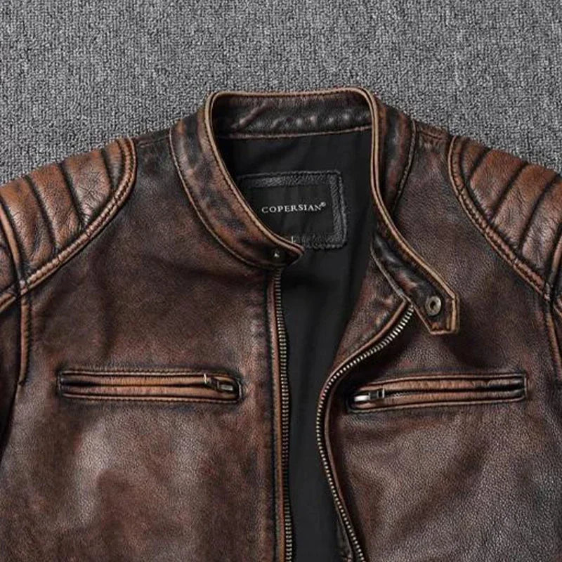 Vintage Black Brown Real Cowhide Genuine Leather Jacket Real Fur Men's