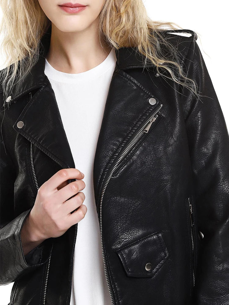 Women Faux Leather Jacket Soft Zip Up