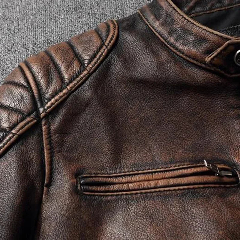 Vintage Black Brown Real Cowhide Genuine Leather Jacket Real Fur Men's