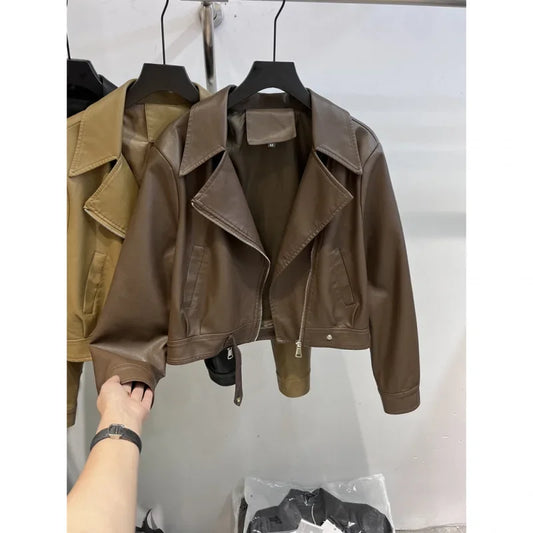 Women’s Elegant Petite Cropped Motorcycle Jacket – Brown Genuine Leather